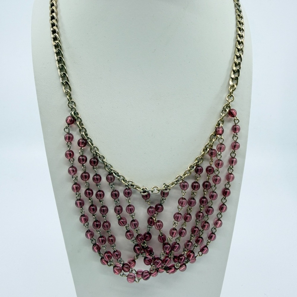 Necklace Vintage Gold Tone Pink Purple Bead Multi Strand Draped Statement Boho - Picture 7 of 10